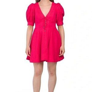 House of Harlow Size 4 Pink Fuchsia Lace Up Linen Blend Mini Dress NEW